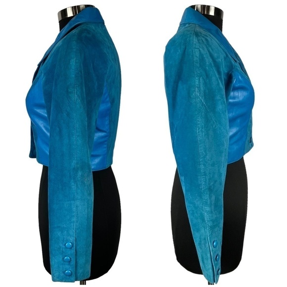 MICHAEL HOBAN NORTH BEACH VINTAGE 90S LEATHER BLUE CROP JACKET SKIRT SET SUIT - Picture 7 of 16